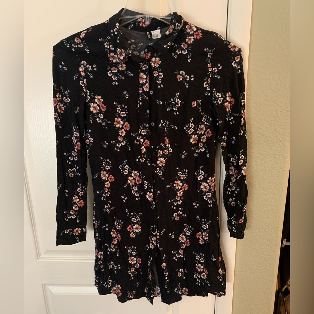 Floral Black Long Sleeve Dress button up collar
